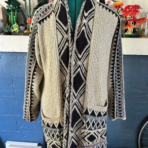 Lucky Brand Cream and Black Geometric Cardigan Sweater